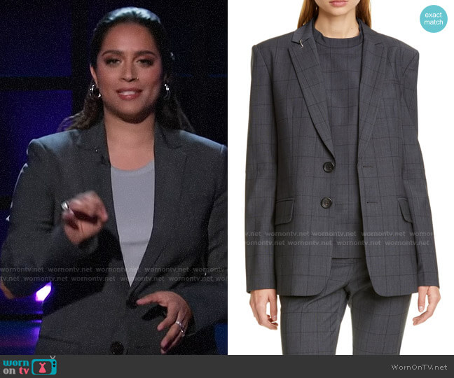 Tibi Windowpane Menswear Blazer worn by Lilly Singh on A Little Late with Lilly Singh
