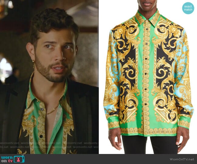 Versace Baroque Print Button-Up Silk Shirt worn by Sam Flores (Rafael de la Fuente) on Dynasty