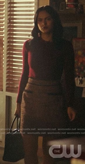 Veronica’s burgundy ruffle neck sweater and tweed skirt on Riverdale
