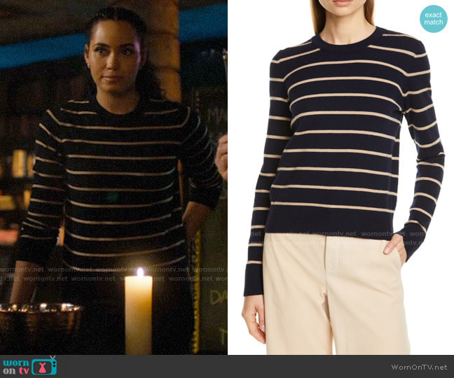 Vince Stripe Cashmere Crewneck Sweater in Coastal / Limestone worn by Macy Vaughn (Madeleine Mantock) on Charmed
