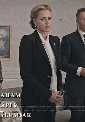 Elizabeth’s white tie neck fringe blouse on Madam Secretary
