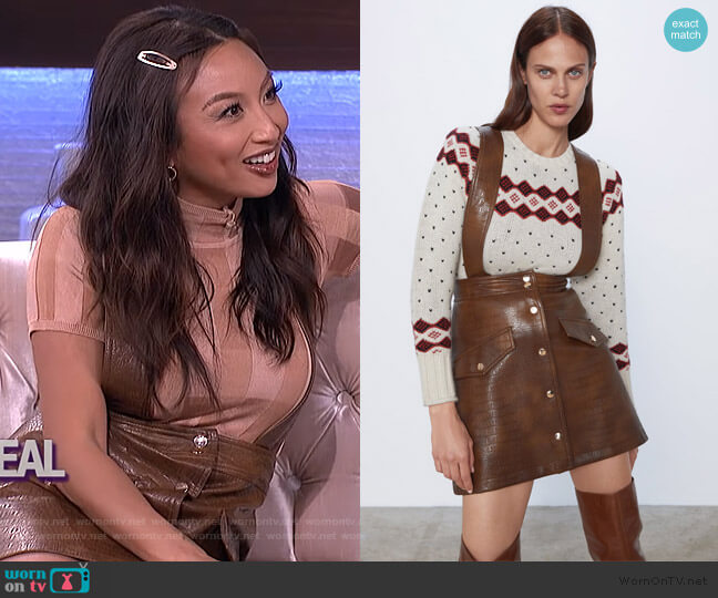 Zara Faux Leather Mini Skirt with Suspenders worn by Jeannie Mai on The Real