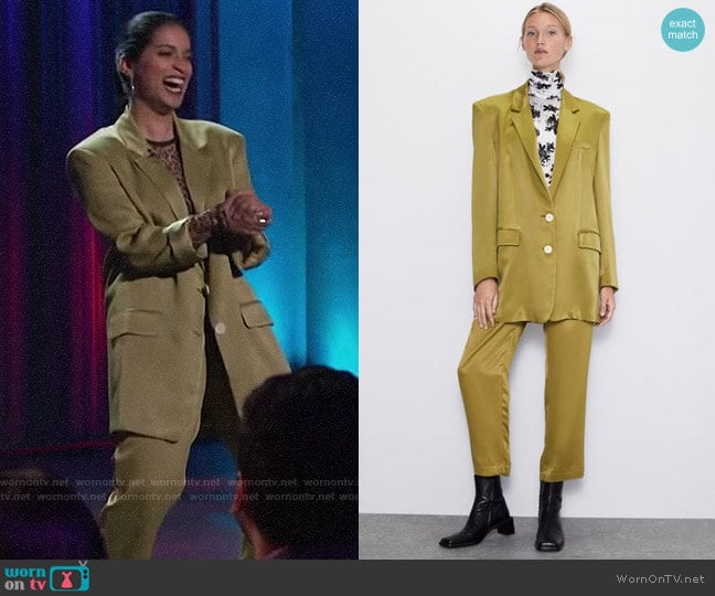 Zara Buttoned Satin Effect Blazer worn by Lilly Singh on A Little Late with Lilly Singh