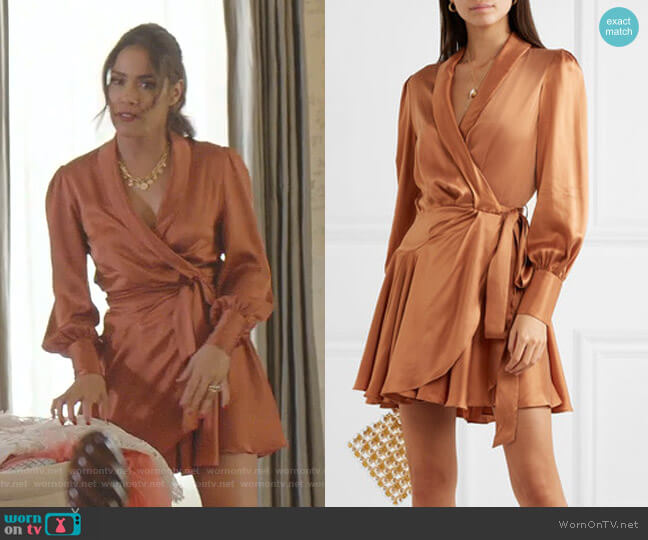 Zimmermann Super Eight Silk Wrap Mini Dress worn by Cristal Jennings (Daniella Alonso) on Dynasty