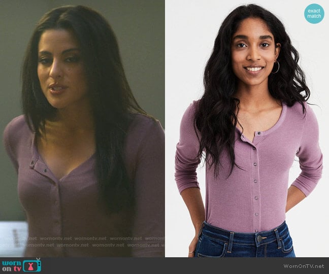 American Eagle Long Sleeve Snap Front Henley worn by Delilah Alves (Carmela Zumbado) on You