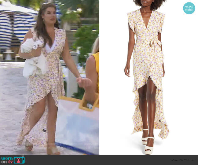 AFRM Andrea Ruffle Wrap Dress worn by Emily Simpson on The Real Housewives of Orange County