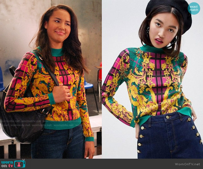 ASOS Design Sweater in Check and Baroque Pattern worn by Gina (Sofia Wylie) on High School Musical The Musical The Series