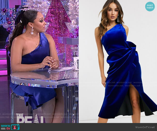 Asos Velvet One Shoulder Tuck Detail Midi Dress worn by Tamera Mowry on The Real
