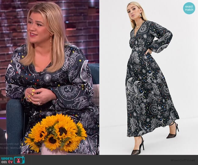 ASOS Maxi Dress with Puff Sleeves in Satin Astroligical Print worn by Kelly Clarkson on The Kelly Clarkson Show