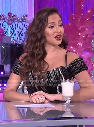 Adrienne’s black metallic off-shoulder dress on The Real