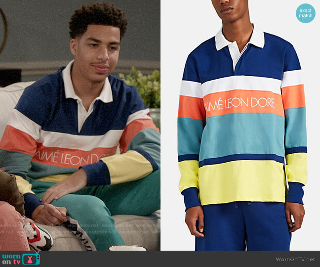 Aime Leon Dore Colorblocked Cotton Rugby Shirt worn by Andre Johnson Jr (Marcus Scribner) on Black-ish