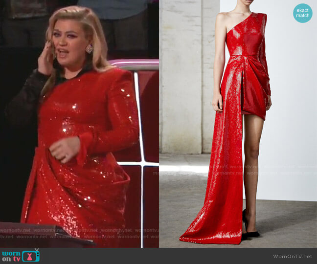 Alex Perry Preston Sequined One-Shoulder Asymmetrical Dress worn by Kelly Clarkson on The Voice