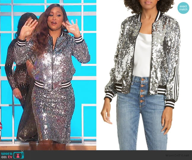 Alice + Olivia Lonnie Sequin Cropped Bomber Jacket worn by Eve on The Talk