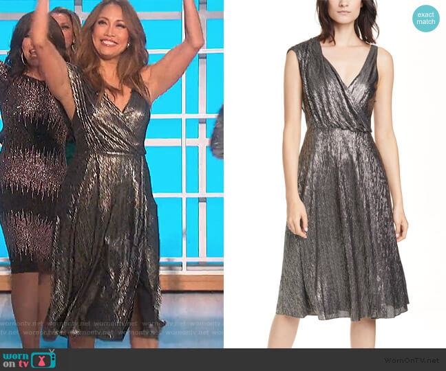 Alice + Olivia Roxy Metallic Drape Front Sleeveless Midi Dress worn by Carrie Inaba on The Talk
