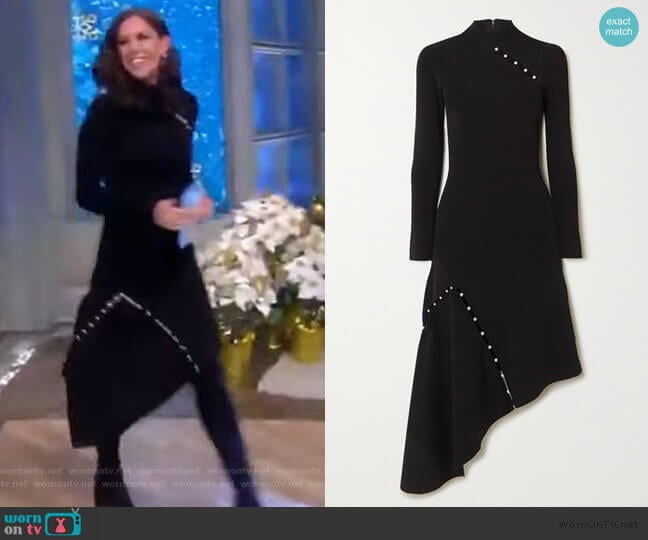 Alice + Olivia Kam asymmetric faux pearl-embellished stretch-cady dress worn by Abby Huntsman on The View