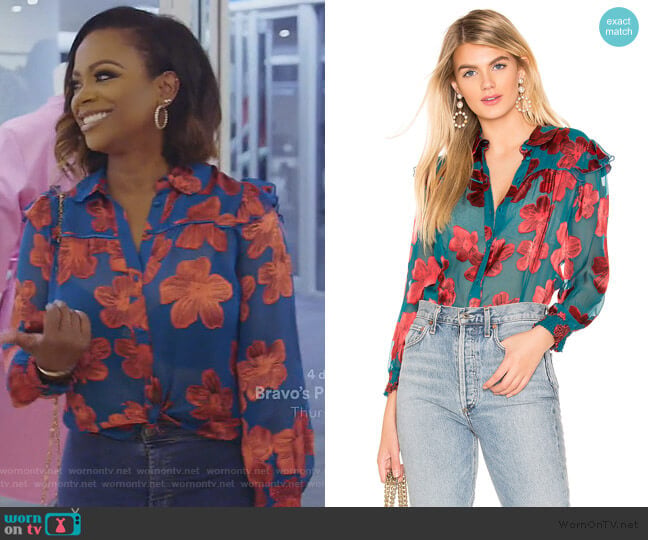 Alice + Olivia Ziggy Ruffle Sleeve Blouse worn by Kandi Burruss on The Real Housewives of Atlanta