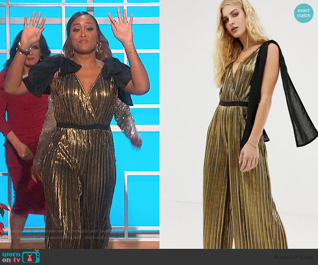 Moon River metallic wide leg jumpsuit with bow shoulders worn by Eve on The Talk
