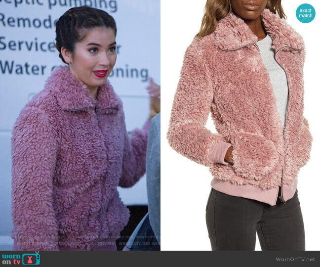 BB Dakota Teddy Or Not Faux Fur Bomber Jacket in Rose Quartz worn by Cheyenne (Nichole Bloom) on Superstore