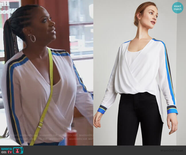 BCBGMAXAZRIA Seraphina Wrap Blouse worn by Kandi Burruss on The Real Housewives of Atlanta