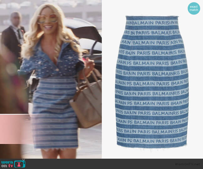 Balmain Denim Stripe Logo Pencil Skirt