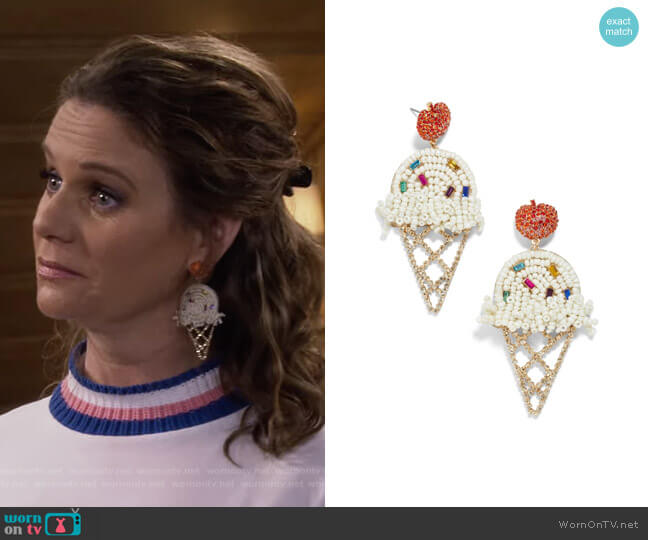 Baublebar Beaded Ice Cream Cone Earrings worn by Kimmy Gibbler (Andrea Barber) on Fuller House