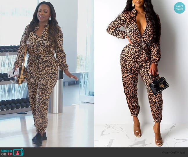 Bellizimos Zip-Front Leopard-Print Jumpsuit worn by Kandi Burruss on The Real Housewives of Atlanta