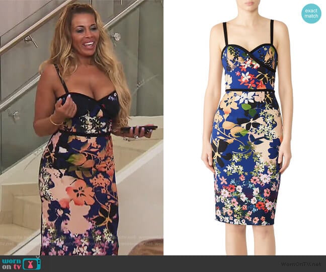 Black Halo Daria Sheath Dress in Lisse Garden worn by Dolores Catania on The Real Housewives of New Jersey