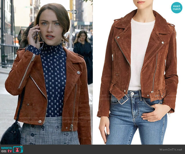 Blank NYC Suede Moto Jacket in Chocolate worn by Cara Bloom (Violett Beane) on God Friended Me