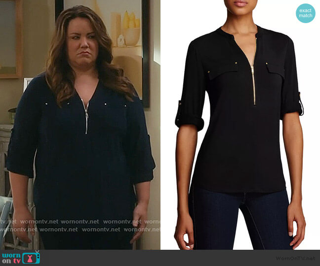 Calvin Klein Zip Front Roll Sleeve Knit Blouse worn by Katie Otto (Katy Mixon) on American Housewife