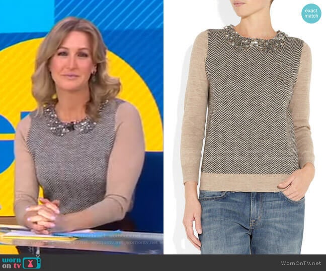 J. Crew Crystal-Collar Herringbone Sweater worn by Lara Spencer on Good Morning America