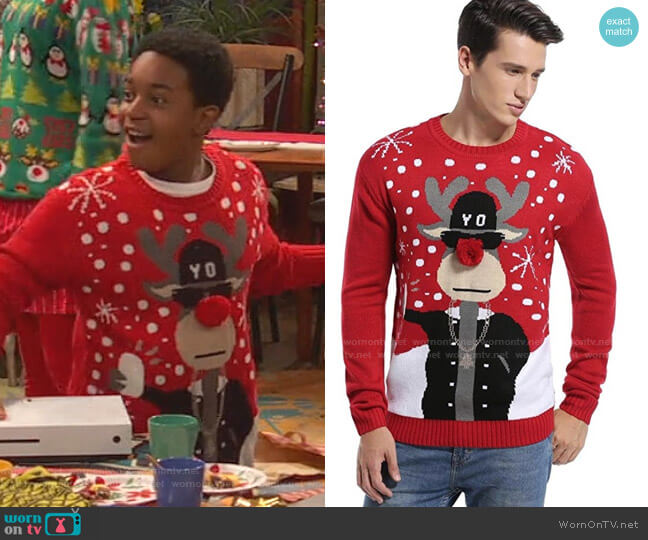Daisys Boutique Holiday Reindeer Snowman Santa Snowflakes Sweater worn by Booker Baxter (Issac Ryan Brown) on Ravens Home