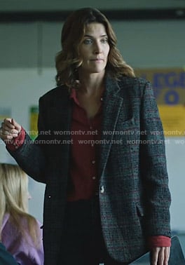 Dex’s red gauze shirt and plaid wool blazer on Stumptown