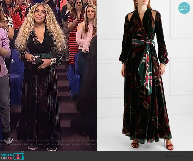 Diane von Furstenberg Cutout printed velvet wrap maxi dress worn by Wendy Williams on The Wendy Williams Show