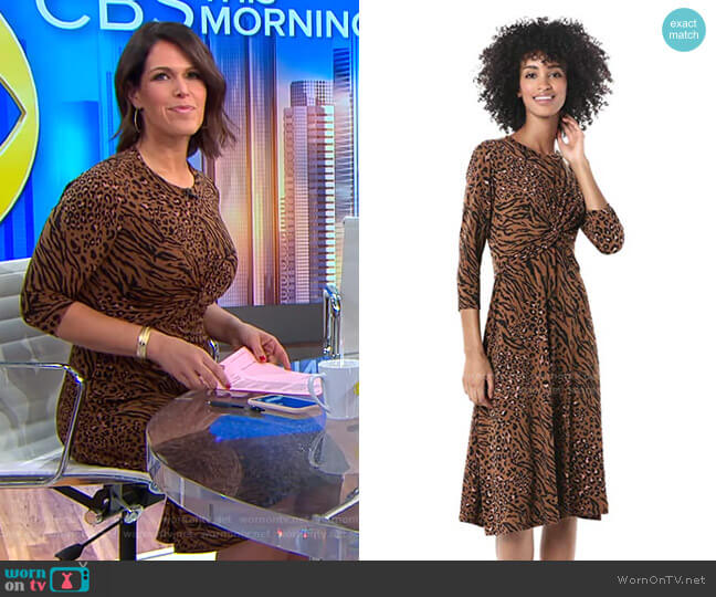 Donna Morgan Criss Cross Front Animal Printed Jersey Dress worn by Dana Jacobson on CBS Mornings