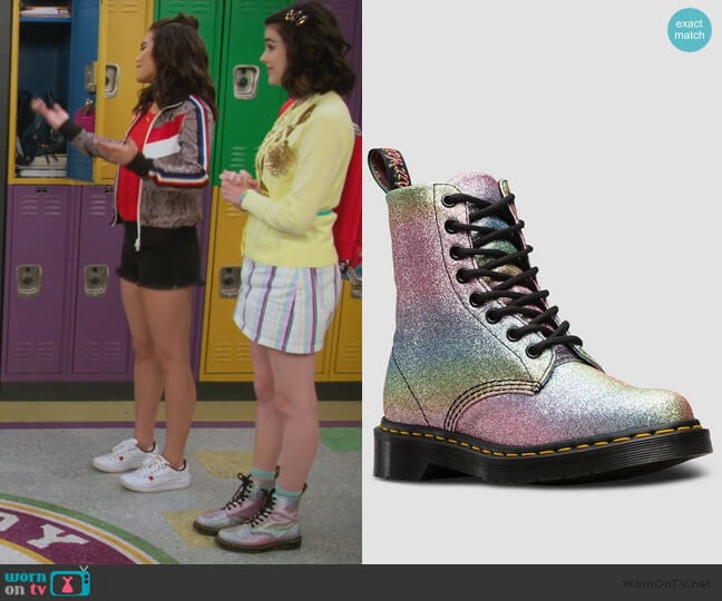 Dr Martens 1460 Pascal Rainbow Glitter Boots worn by Hannah (Merit Leighton) on Alexa & Katie