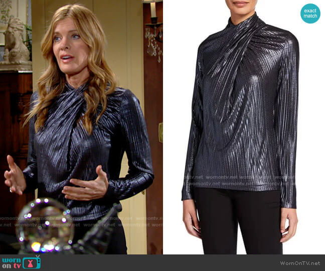 Elie Tahari Keilani Metallic Wrap Top worn by Phyllis Summers (Michelle Stafford) on The Young and the Restless