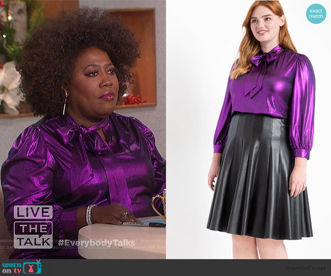 Eloquii Metallic Bow Blouse worn by Sheryl Underwood on The Talk