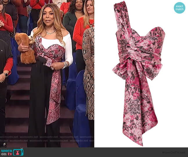 Erdem Halle one-shoulder bow-detailed floral-jacquard bustier top worn by Wendy Williams on The Wendy Williams Show
