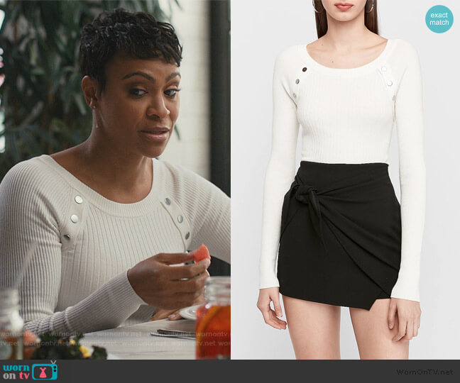 Express Ribbed Button Shoulder Sweater worn by Angela (Carly Hughes
) on American Housewife
