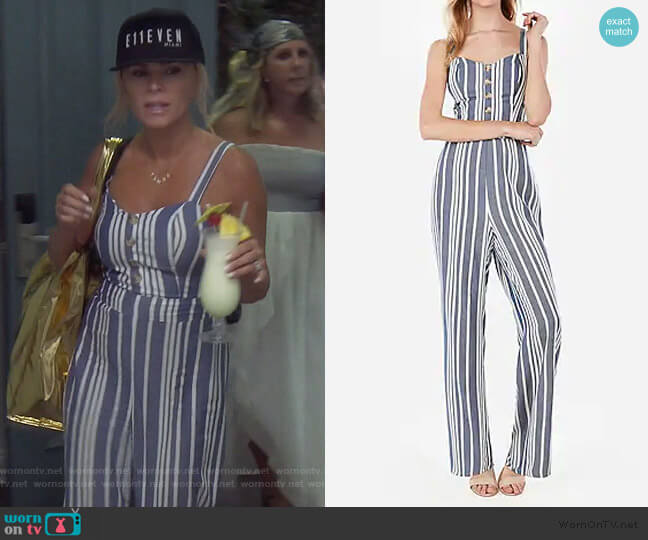 Express Striped Button Front Cut-Out Tie Back Jumpsuit worn by Tamra Judge on The Real Housewives of Orange County