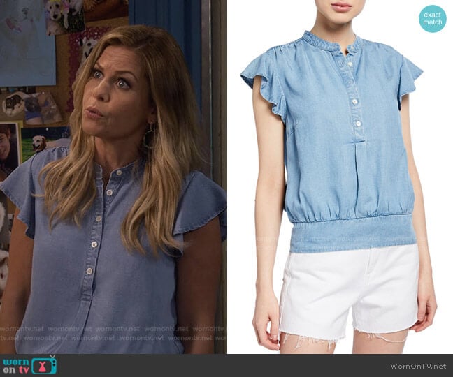 Frame Smocked Flounce Button-Front Popover Blouse worn by DJ Tanner-Fuller (Candace Cameron Bure) on Fuller House