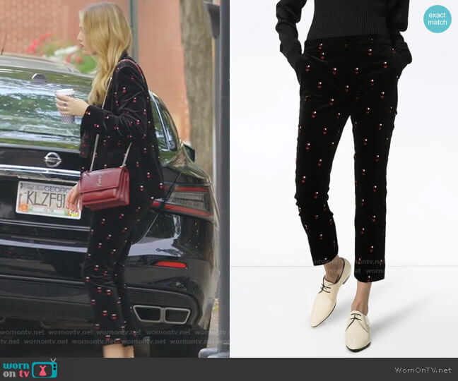 Frame Heart-Embroidered Velvet Trousers worn by Kirby Anders (Maddison Brown) on Dynasty