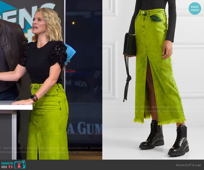 Marques' Almeida Frayed Acid-Aash Denim Maxi Skirt worn by Sara Haines on Good Morning America