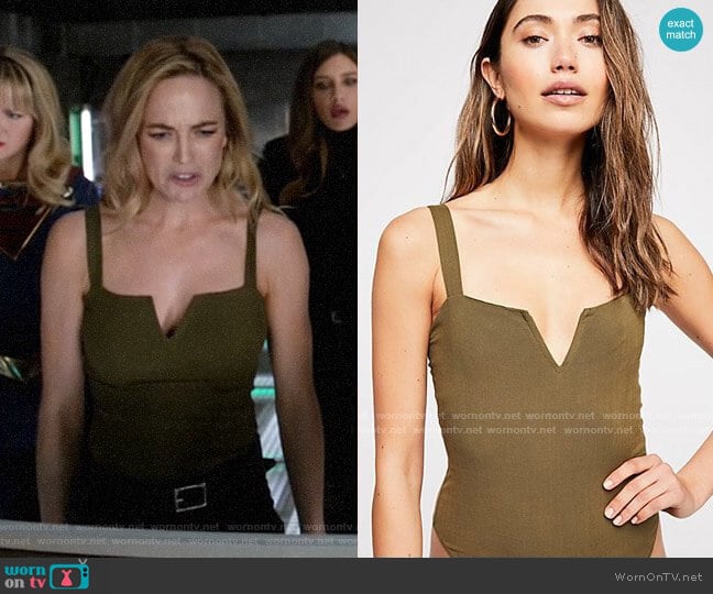 Free People Pippa V-Wire Bodysuit in Military worn by Sara Lance (Caity Lotz) on Legends of Tomorrow