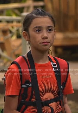 Gwen’s red Cosmos sun print tee on Bunkd