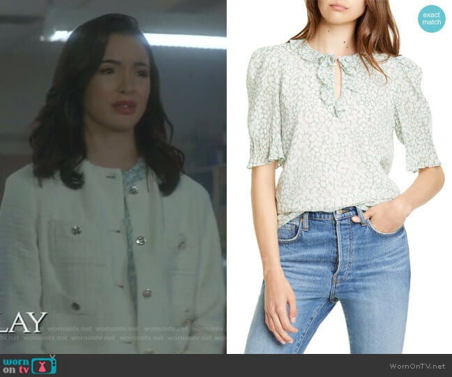 Rebecca Taylor Ikat Leaf Ruffle Top worn by Bess (Maddison Jaizani) on Nancy Drew