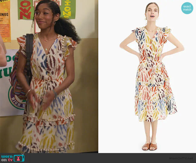 J. Crew Point Sur Flutter Sleeve Pom Pom Midi Dress worn by Reagan (Iman Benson) on Alexa & Katie