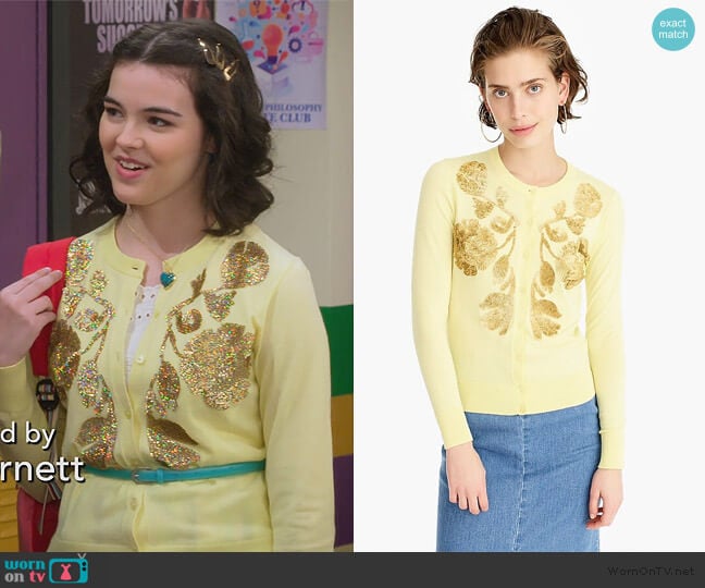 J. Crew Sequin floral embroidered Jackie cardigan sweater worn by Hannah (Merit Leighton) on Alexa & Katie