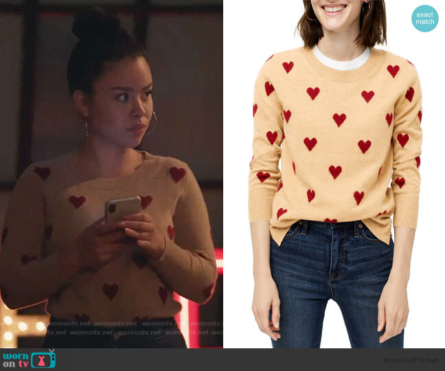 J. Crew Crewneck Intarsia Heart Everyday Cashmere Sweater worn by Mariana Foster (Cierra Ramirez) on Good Trouble