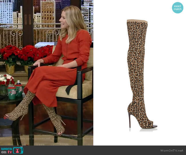Victoria Beckham Jasmine Leopard-Print Stretch-Knit Thigh Boots worn by Kelly Ripa on Live with Kelly and Mark